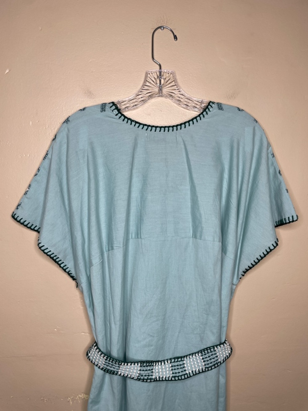 ZARA Blue Green Bloggers Fav Embroidered Linen Caftan Tunic Belted Dress NWT Lg - Picture 5 of 16